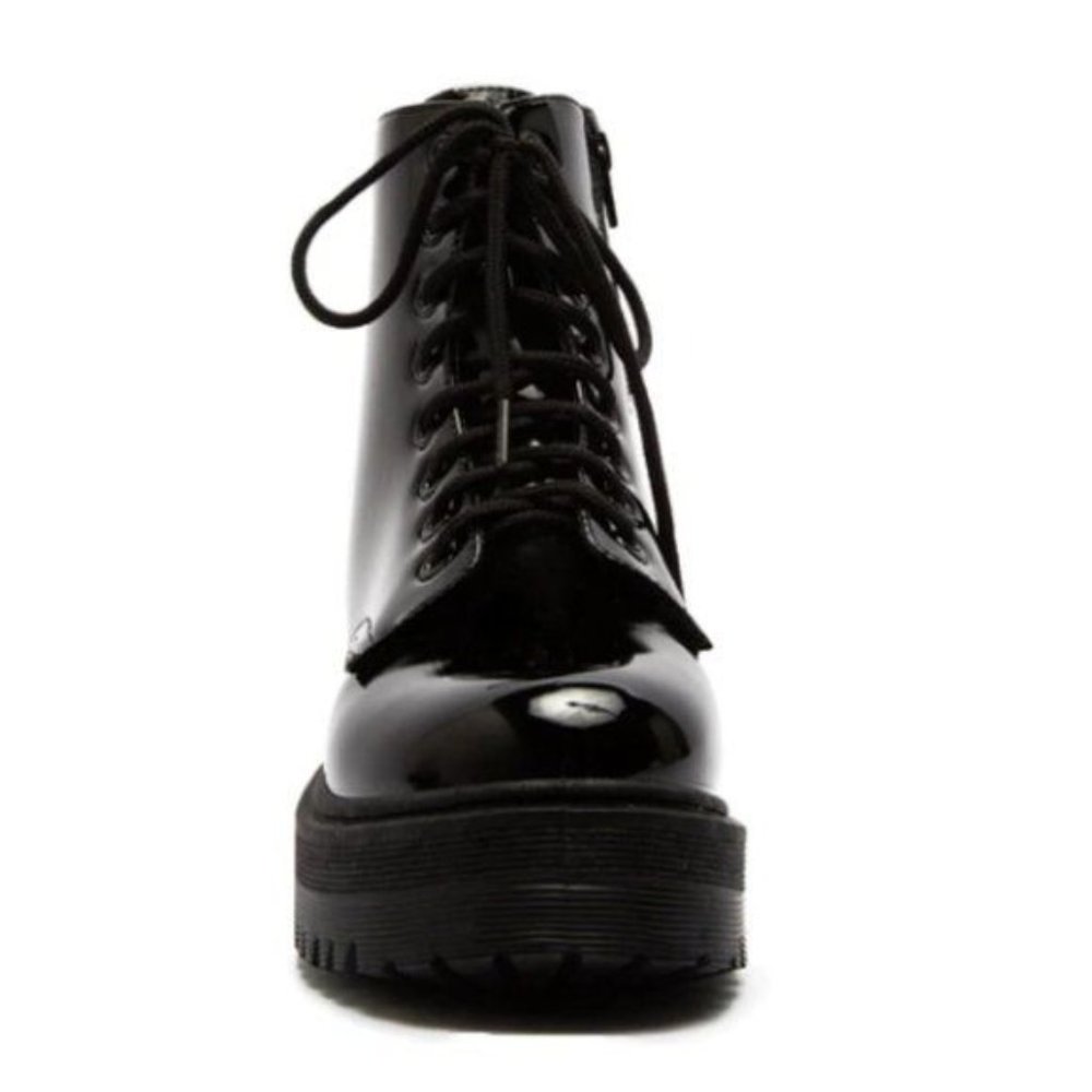 !! NEW !! Black Patent Vegan Leather Side Zip Combat Boots - Picture 6 of 9